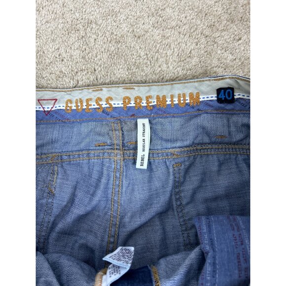 Vtg Guess Premium Rebel Jeans Men's 40x32 Straight Fit Blue Distressed Zip Poc - Picture 5 of 12